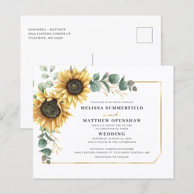 Budget Floral Eucalyptus Sunflower Wedding Invite (Front/Back)