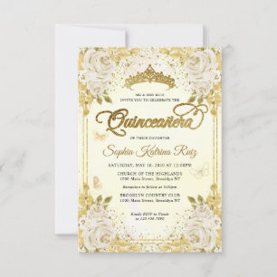 Budget Floral Faux Gold Glitter Crown Quinceañera Card