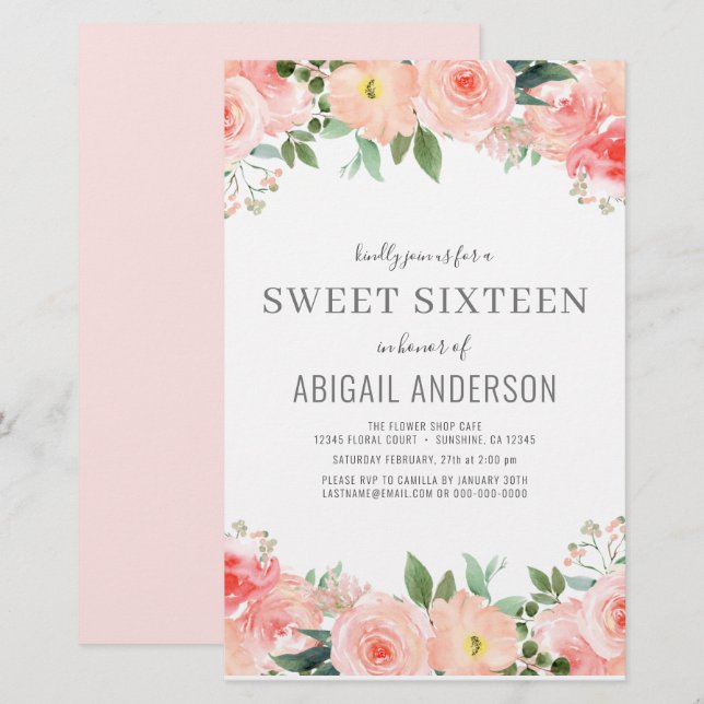 Budget Floral Girly Sweet 16 Birthday Invitation (Front/Back)
