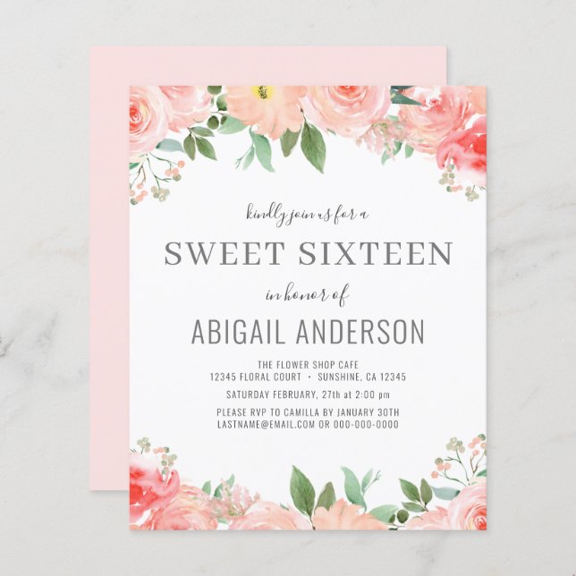 Budget Floral Girly Sweet 16 Birthday Invitation (Front/Back)