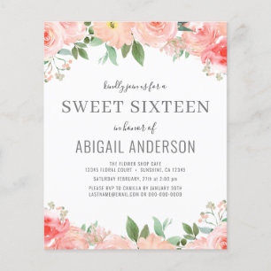 Budget Floral Girly Sweet 16 Birthday Invitation Flyer