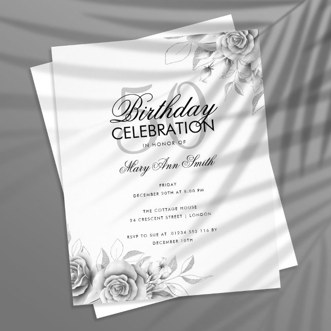 Budget Floral Glam Birthday Party Silver  Flyer (Creator Uploaded)