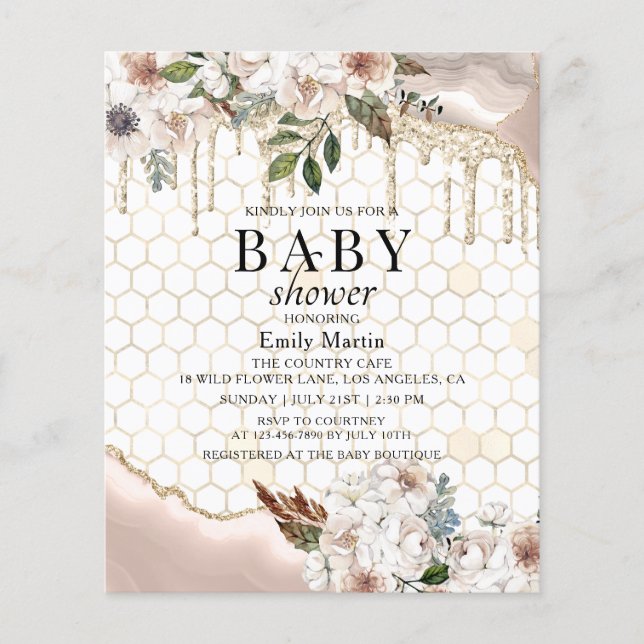 BUDGET Floral Glitter Drip Marble Baby Shower Flyer (Front)
