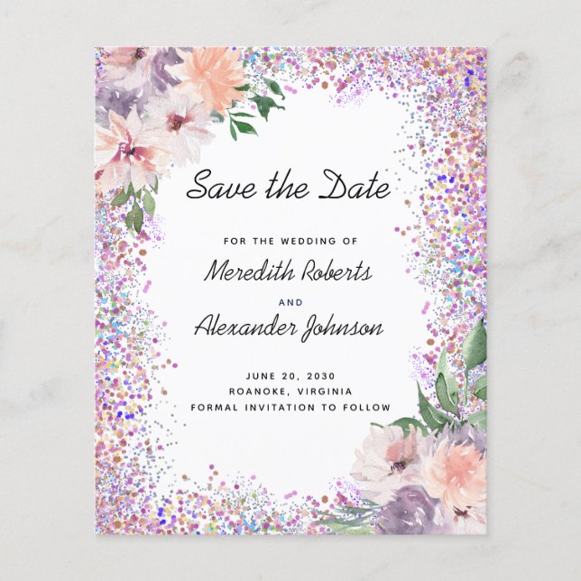 Budget Floral Glitter QR Code Save the Date Card (Front)