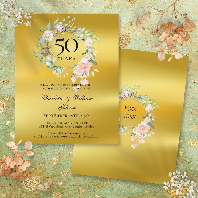 Budget Floral Gold 50th Anniversary Invitation (Budget Floral Gold 50th Anniversary Invitation)
