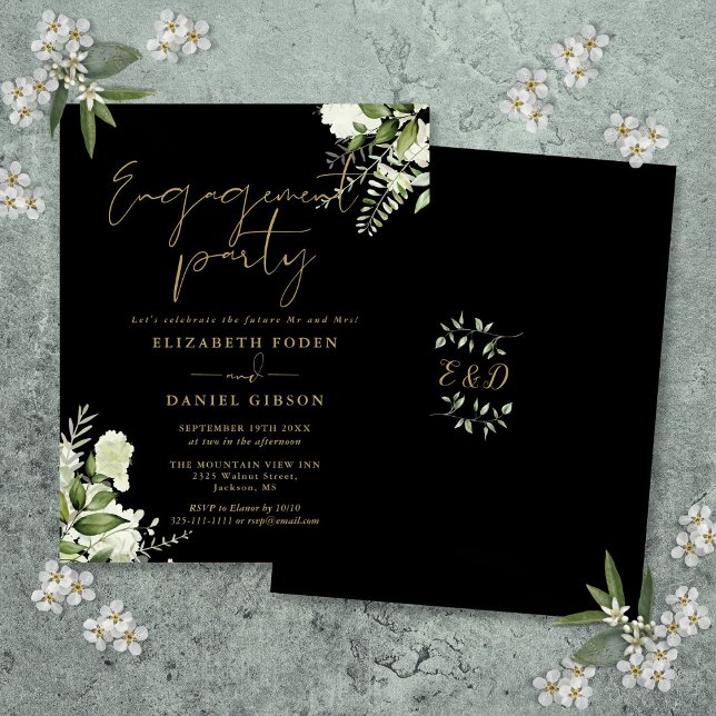 Budget Floral Gold Black Engagement Party Invite (Budget Floral Gold Black Engagement Party Invite)