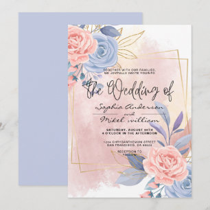 Budget Floral Gold Blue & Pink Brush wedding Invi Invitation