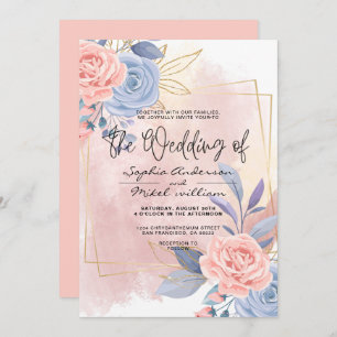 Budget Floral Gold Blue & Pink Brush wedding  Invitation