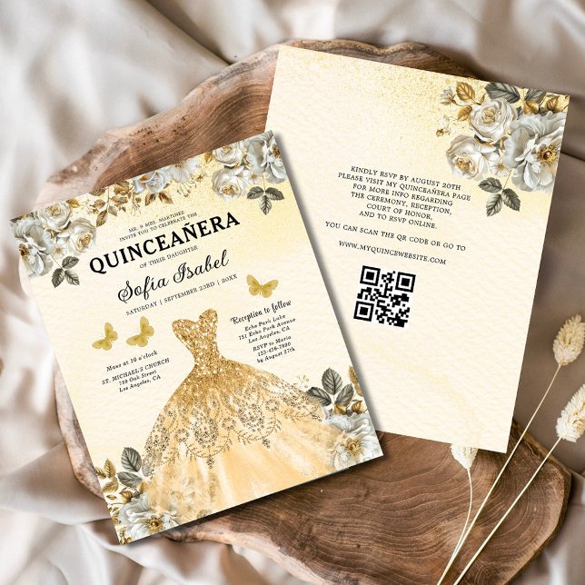 Budget Floral Gold QR Code Princess Quinceanera Flyer (Creator Uploaded)