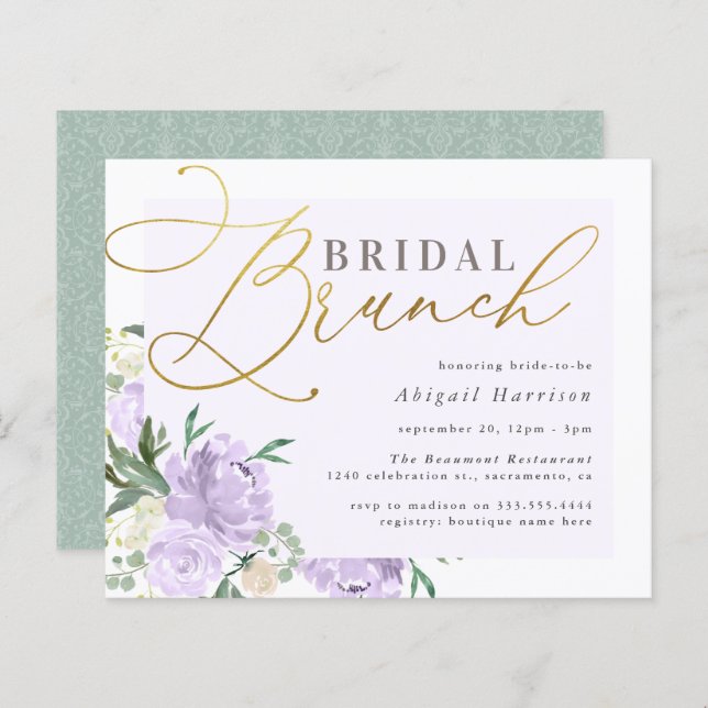 Budget Floral Gold Script Lavender Bridal Brunch (Front/Back)