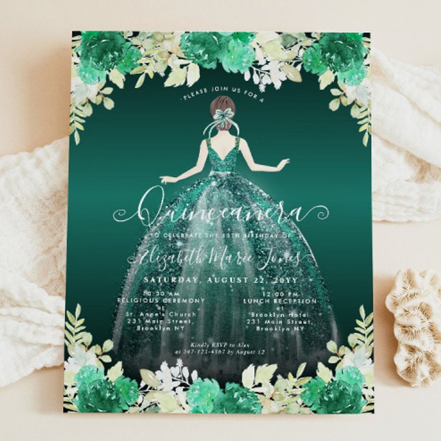 Budget Floral Green Dress Gown Quinceanera Invite (Creator Uploaded)