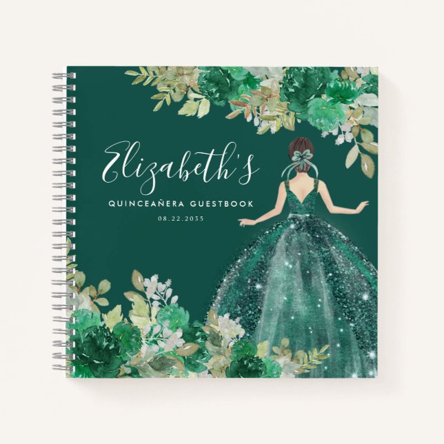 Budget Floral Green Dress Quinceanera Guestbook Notebook (Front)