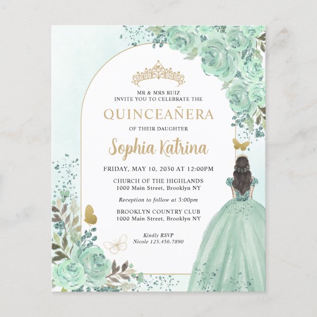 Budget Floral Green Gold Chic Princess Quinceanera (Front)