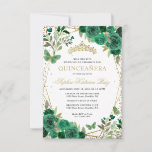 Budget Floral Green Gold Tiara Quinceañera Invite