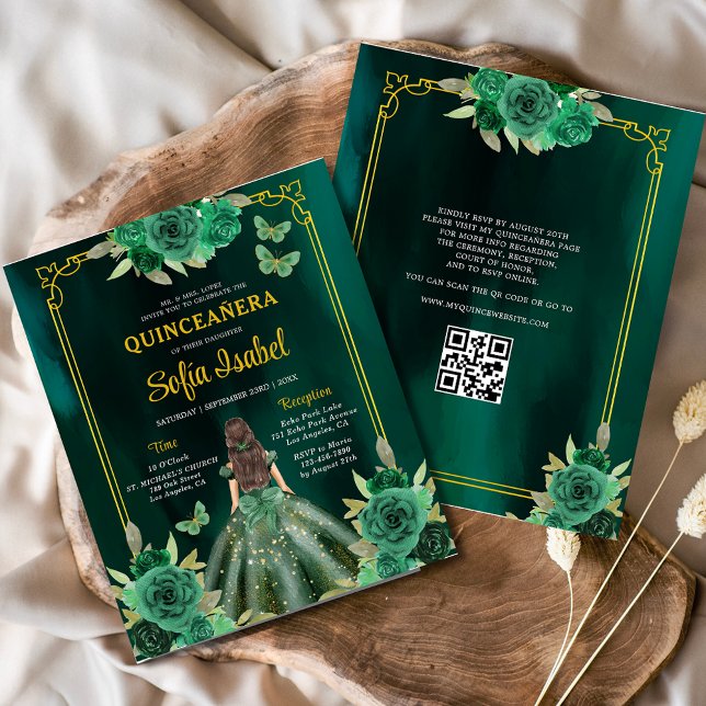 Budget Floral Green Gown Dress QR Code Quinceanera Flyer (Creator Uploaded)