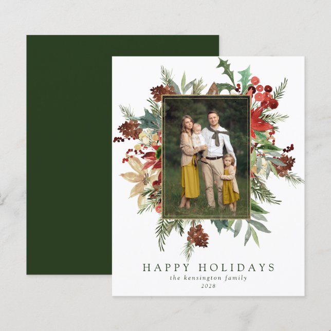 Budget Floral Happy Holidays Christmas Photo Card (Front/Back)
