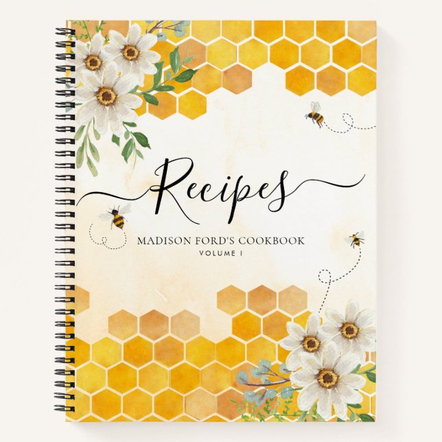 Budget Floral Honeycomb BumbleBee Yellow Recipe Notebook (Front)
