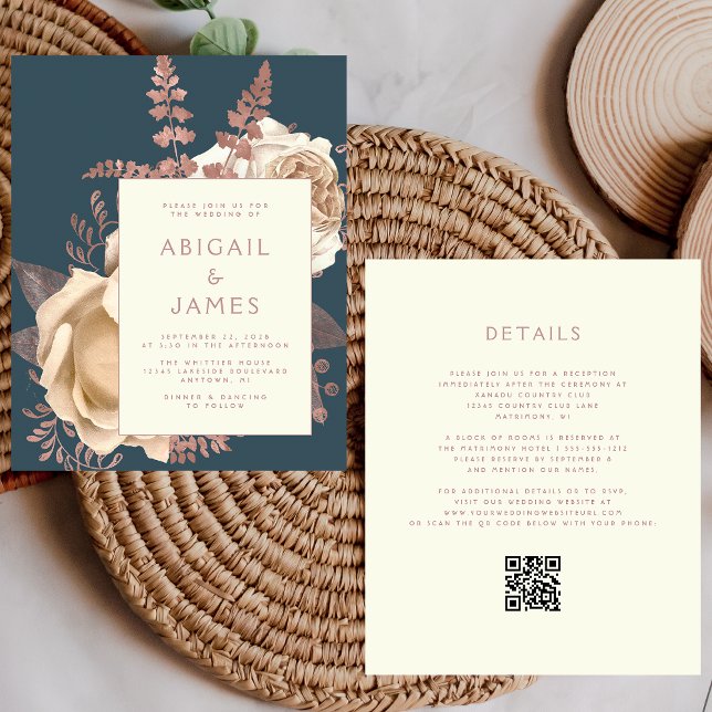 Budget Floral Ivory Rose Gold Teal QR Code Wedding (Creator Uploaded)
