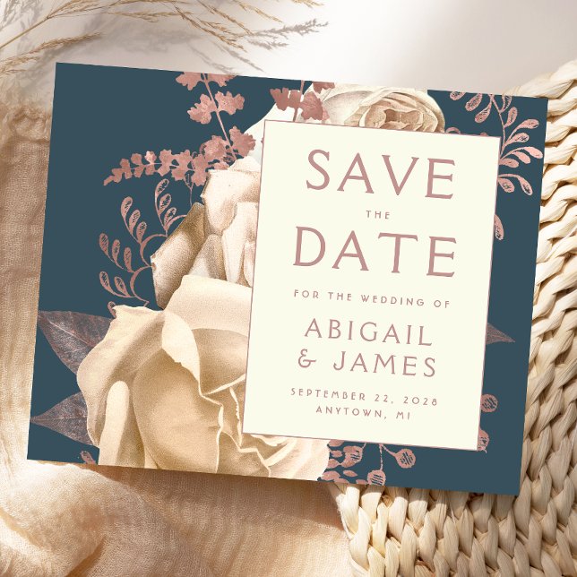 Budget Floral Ivory Rose Gold Teal Save the Date (Creator Uploaded)