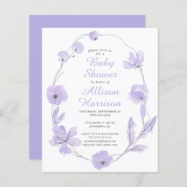 Budget Floral Lavender Baby Shower Invitation (Front/Back)
