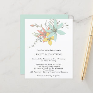 Budget Floral Leaves Coral Teal Wedding Invitation