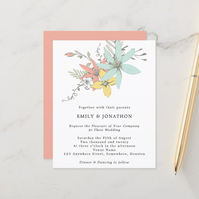 Budget Floral Leaves Teal Coral Wedding Invitation (Front/Back In Situ)
