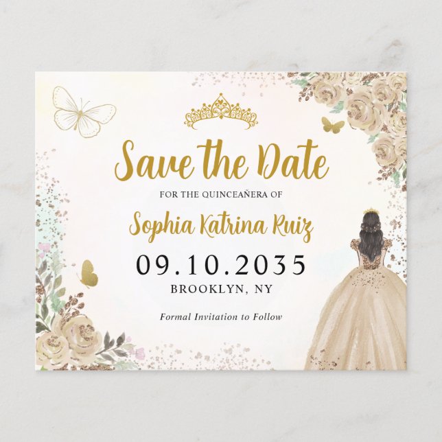 Budget Floral Light Gold Quinceanera Save the Date (Front)