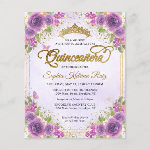 Budget Floral Light Purple Gold Tiara Quinceañera