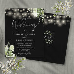 Budget Floral Lights Black Wedding Invitation<br><div class="desc">This elegant black and white wedding invitation,  featuring pretty string lights and floral greenery,  can be personalised with your information in chic typography with your monogram initials on the reverse. Designed by Thisisnotme©</div>