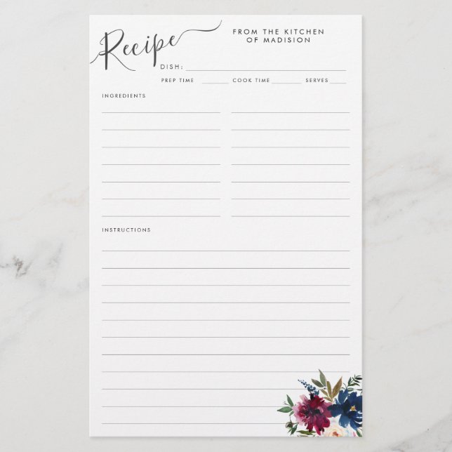 Budget Floral Navy Blue Burgundy Red Recipe Card (Front)