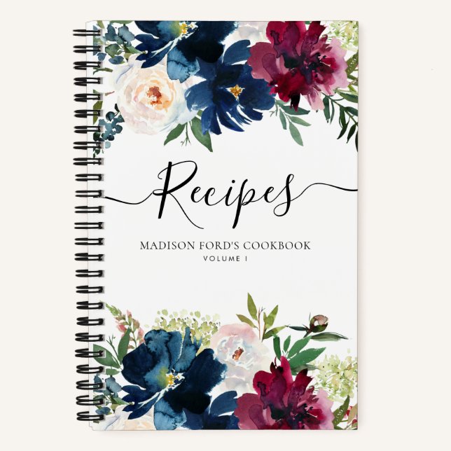 Budget Floral Navy Blue Burgundy Watercolor Recipe Notebook (Front)