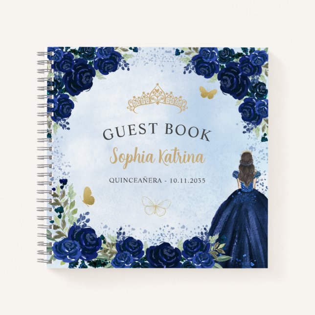 Budget Floral Navy Blue Gold Quinceanera Guestbook Notebook (Front)