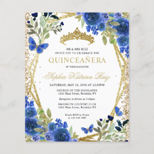 Budget Floral Navy Blue Gold Quinceañera Invite