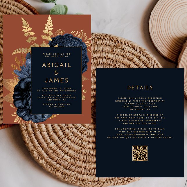 Budget Floral Navy Blue Gold Rust QR Code Wedding (Creator Uploaded)