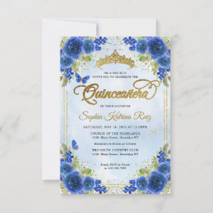 Budget Floral Navy Blue Gold Tiara Quinceañera Card