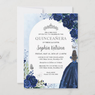 Budget Floral Navy Blue Grey Princess Quinceanera Card