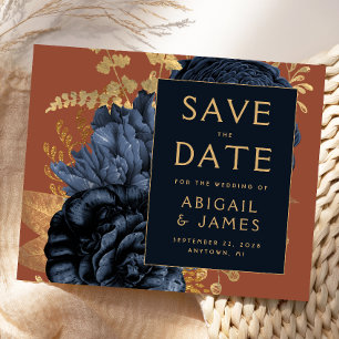 Budget Floral Navy Blue Rust Wedding Save the Date