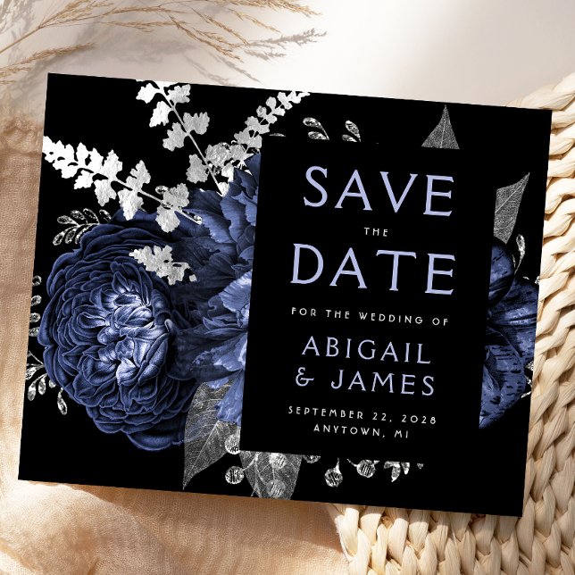 Budget Floral Navy Blue Silver Save the Date (Creator Uploaded)