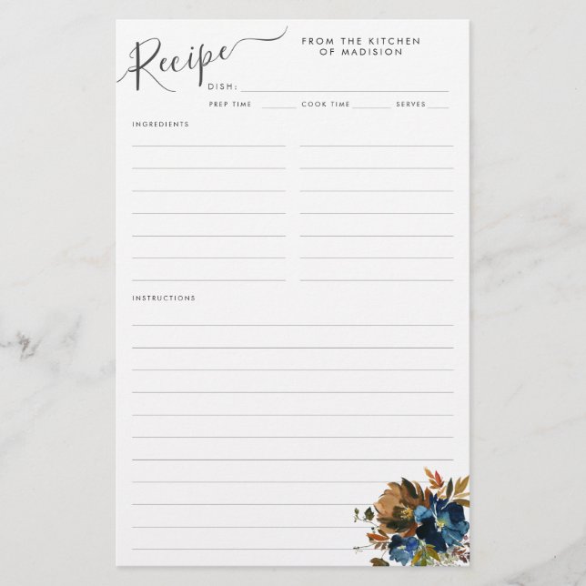 Budget Floral Navy Blue Terracotta Recipe Sheet (Front)