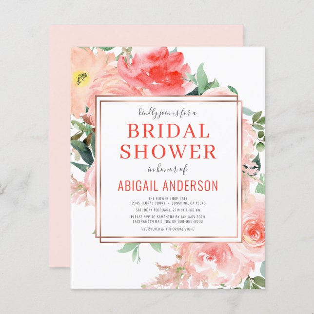 Budget Floral Peach Bridal Shower Invitation (Front/Back)
