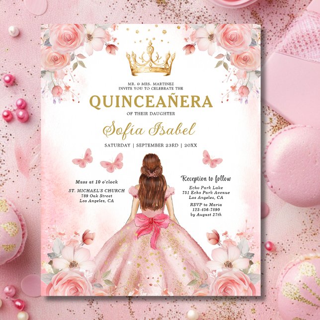 Budget Floral Pink Bilingual Spanish Quinceanera Flyer (Creator Uploaded)