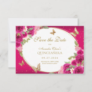 BUDGET Floral Pink Gold Butterfly Quinceanera Card