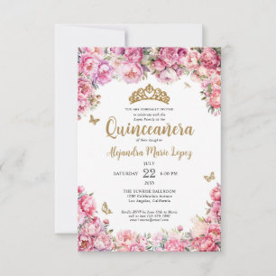 Budget Floral Pink Gold Glitter Tiara Quinceañera Card