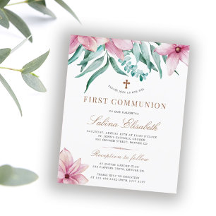 Budget floral pink holy first communion invitation