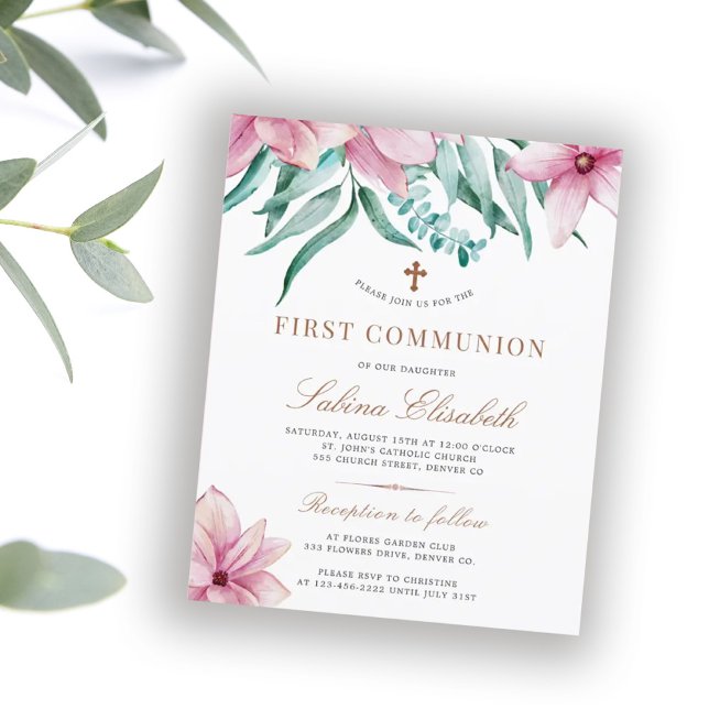 Budget floral pink holy first communion invitation (Creator Uploaded)