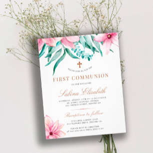 Budget floral pink holy first communion invitation flyer