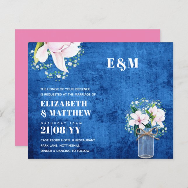 BUDGET Floral Pink Magnolias Green Wedding Invite (Front/Back)