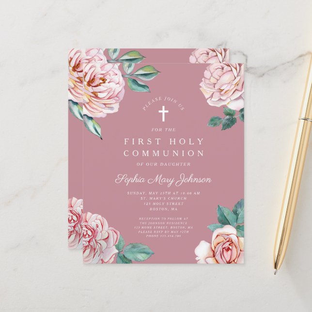 Budget Floral Pink Peonies Girl First Communion (Front/Back In Situ)