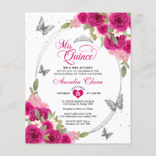 BUDGET Floral Pink Silver Butterfly Quinceañera