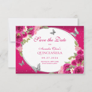 BUDGET Floral Pink Silver Butterfly Quinceanera Card
